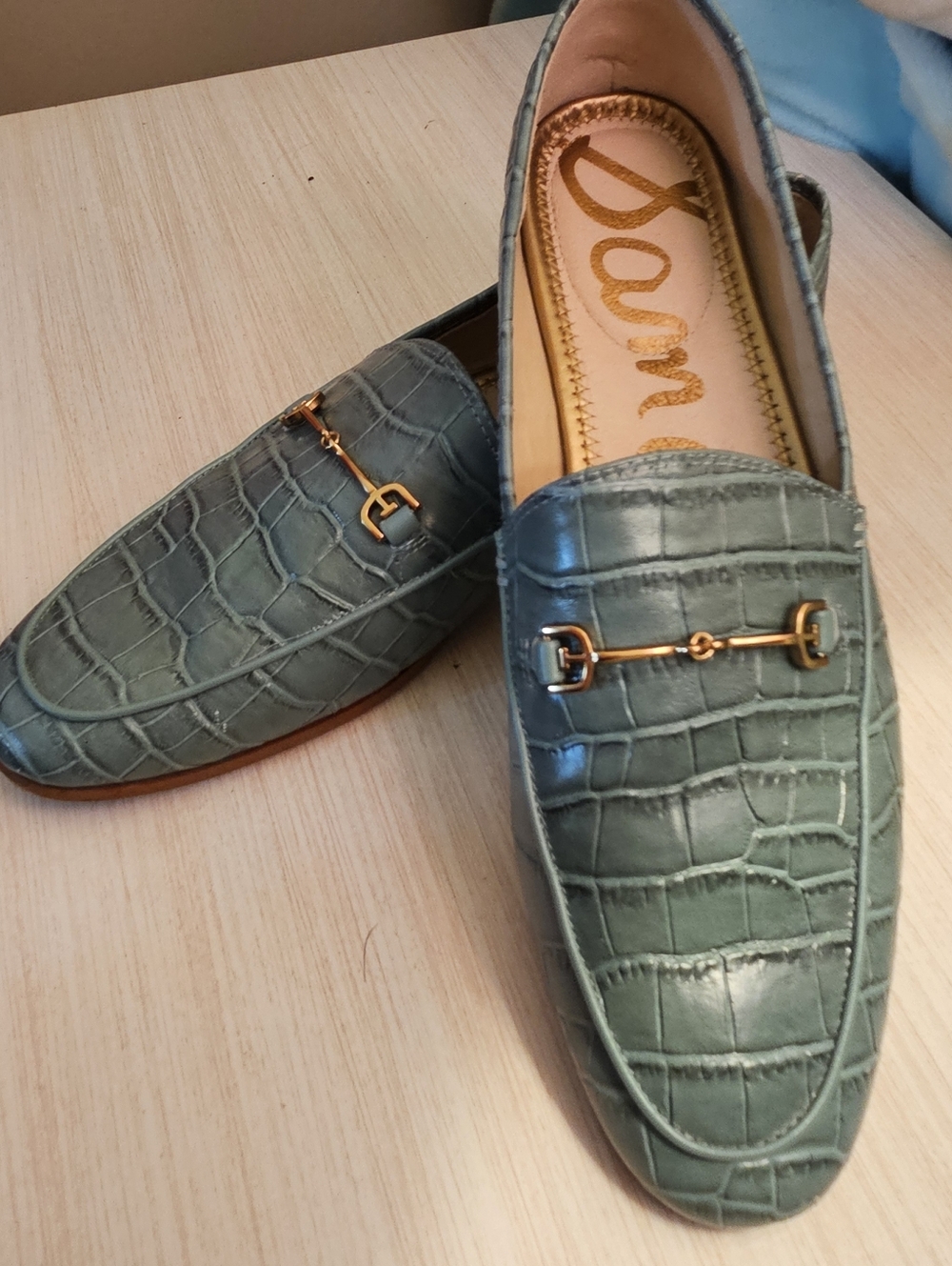 Sam Edelman Teal Croc-Embossed Loafers with Gold Bit